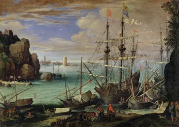 Scène van een zeehaven